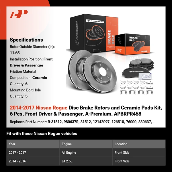 2014-2017 Nissan Rogue Disc Brake Rotors and Ceramic Pads Kit, 6 Pcs, Front Driver & Passenger, A-Premium, APBRPR458