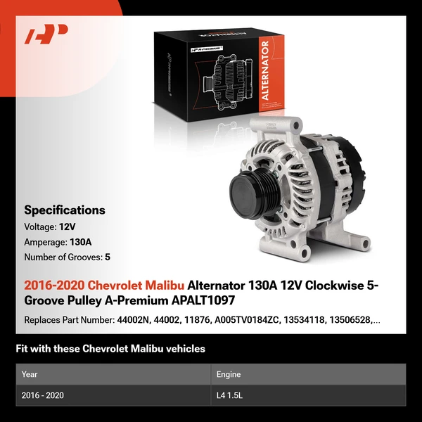 2016-2020 Chevrolet Malibu Alternator 130A 12V Clockwise 5-Groove Pulley A-Premium APALT1097