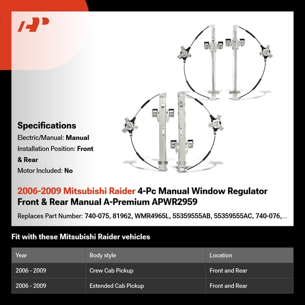 2006-2009 Mitsubishi Raider 4-Pc Manual Window Regulator Front & Rear Manual A-Premium APWR2959