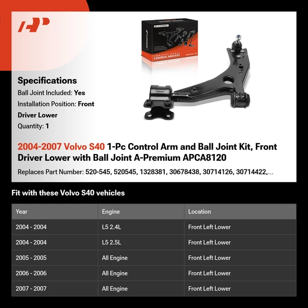 2004-2007 Volvo S40 1-Pc Control Arm and Ball Joint Kit, Front Driver Lower with Ball Joint A-Premium APCA8120