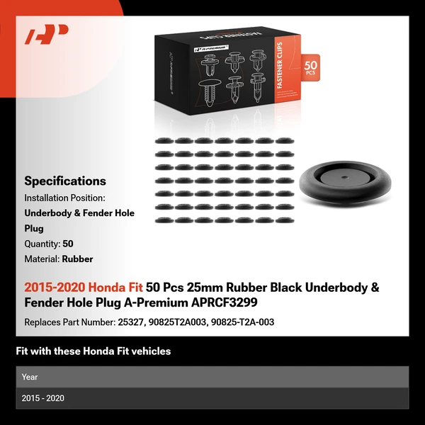 2015-2020 Honda Fit 50 Pcs 25mm Rubber Black Underbody & Fender Hole Plug A-Premium APRCF3299