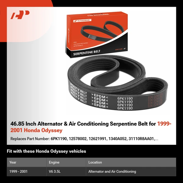 46.85 Inch Alternator & Air Conditioning Serpentine Belt for 1999-2001 Honda Odyssey