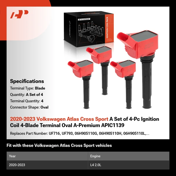 2020-2023 Volkswagen Atlas Cross Sport A Set of 4-Pc Ignition Coil 4-Blade Terminal Oval A-Premium APIC1139