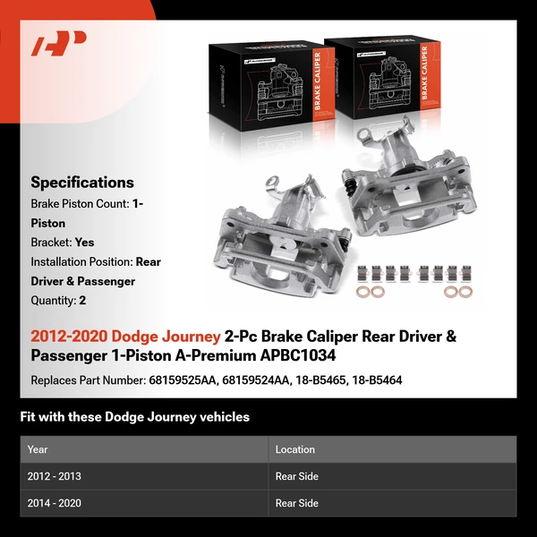 2012-2020 Dodge Journey 2-Pc Brake Caliper Rear Driver & Passenger 1-Piston A-Premium APBC1034