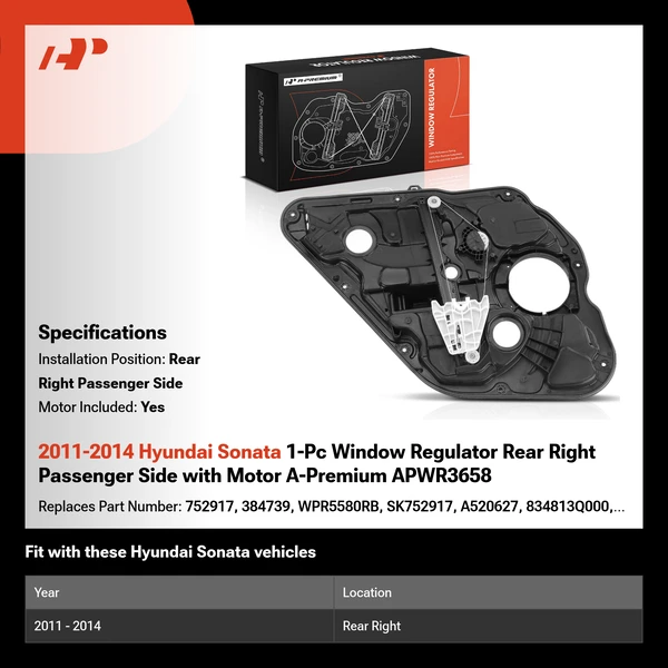 2011-2014 Hyundai Sonata 1-Pc Window Regulator Rear Right Passenger Side with Motor A-Premium APWR3658