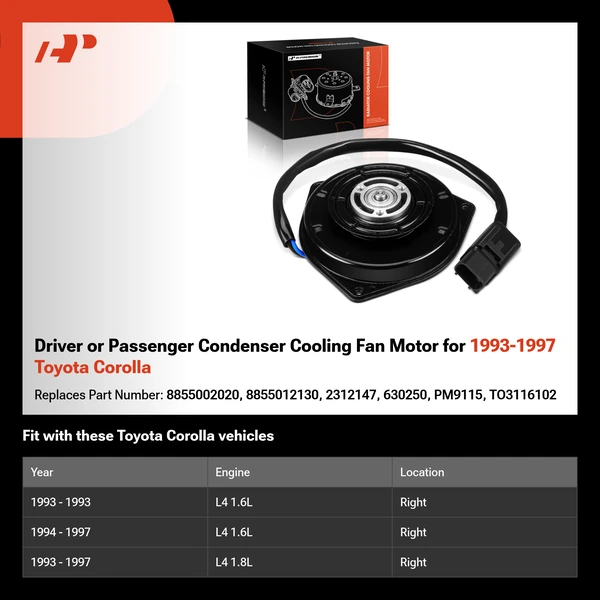 Driver or Passenger Condenser Cooling Fan Motor for 1993-1997 Toyota Corolla