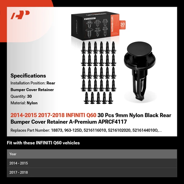 2014-2015 2017-2018 INFINITI Q60 30 Pcs 9mm Nylon Black Rear Bumper Cover Retainer A-Premium APRCF4117