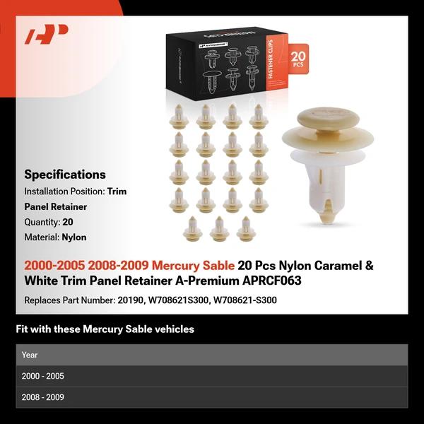 2000-2005 2008-2009 Mercury Sable 20 Pcs Nylon Caramel & White Trim Panel Retainer A-Premium APRCF063