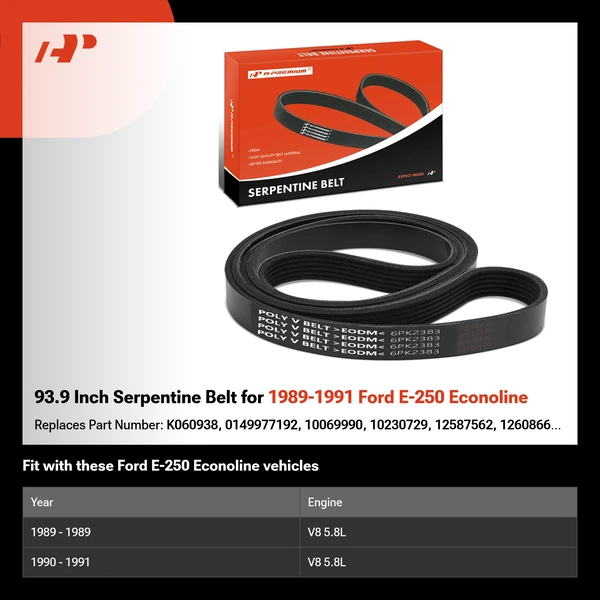 93.9 Inch Serpentine Belt for 1989-1991 Ford E-250 Econoline