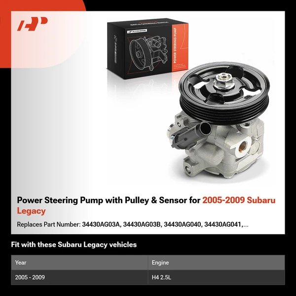 Power Steering Pump with Pulley & Sensor for 2005-2009 Subaru Legacy