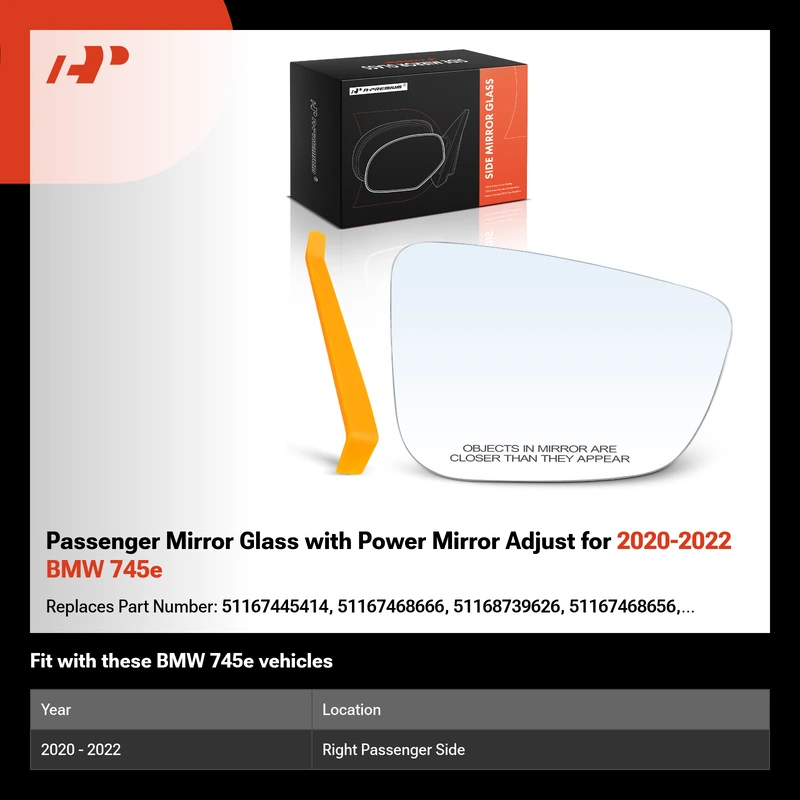 Passenger Mirror Glass with Power Mirror Adjust for 2020-2022 BMW 745e