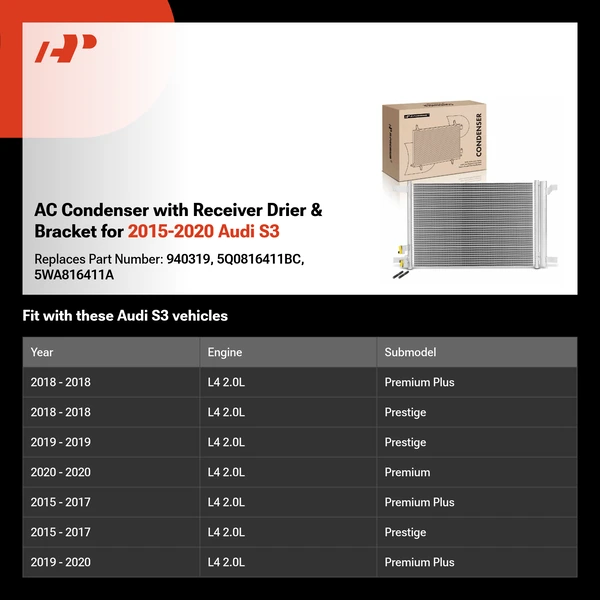 AC Condenser with Receiver Drier & Bracket for 2015-2020 Audi S3
