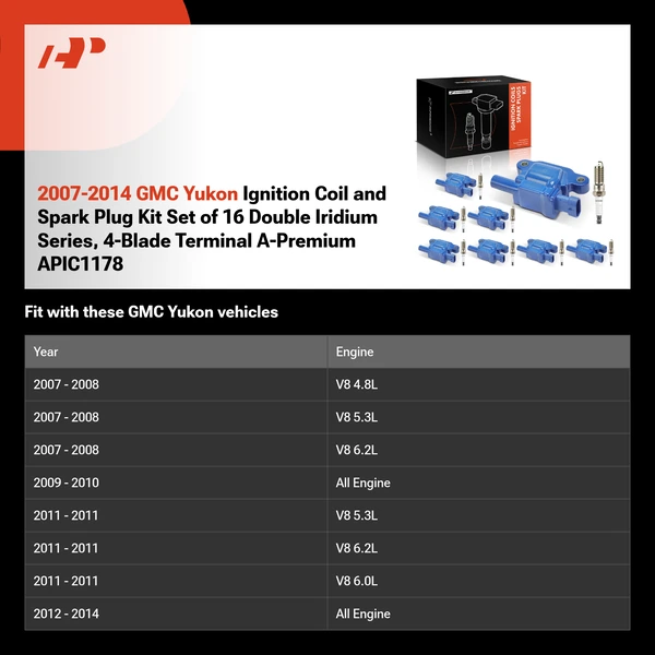 2007-2014 GMC Yukon Ignition Coil and Spark Plug Kit Set of 16 Double Iridium Series, 4-Blade Terminal A-Premium APIC1178