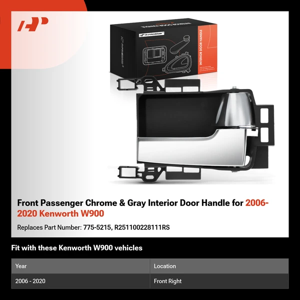 Front Passenger Chrome & Gray Interior Door Handle for 2006-2020 Kenworth W900