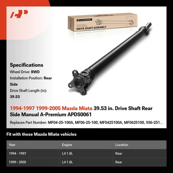 1994-1997 1999-2005 Mazda Miata 39.53 in. Drive Shaft Rear Side Manual A-Premium APDS0061
