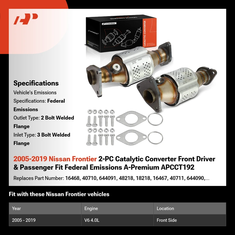 2005-2019 Nissan Frontier 2-PC Catalytic Converter Front Driver & Passenger Fit Federal Emissions A-Premium APCCT192