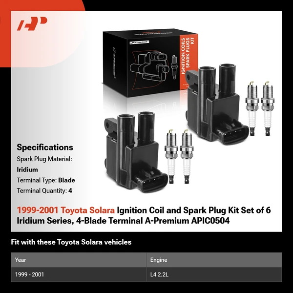 1999-2001 Toyota Solara Ignition Coil and Spark Plug Kit Set of 6 Iridium Series, 4-Blade Terminal A-Premium APIC0504