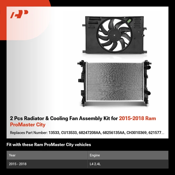 2 Pcs Radiator & Cooling Fan Assembly Kit for 2015-2018 Ram ProMaster City