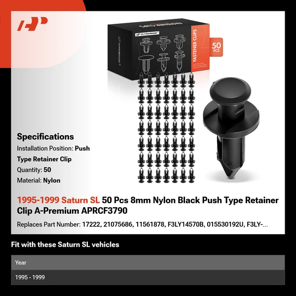 1995-1999 Saturn SL 50 Pcs 8mm Nylon Black Push Type Retainer Clip A-Premium APRCF3790
