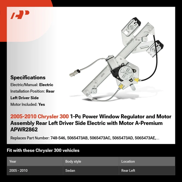 2005-2010 Chrysler 300 1-Pc Power Window Regulator and Motor Assembly Rear Left Driver Side Electric with Motor A-Premium APWR2862