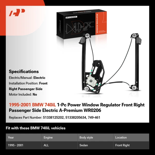 1995-2001 BMW 740iL 1-Pc Power Window Regulator Front Right Passenger Side Electric A-Premium WR0206