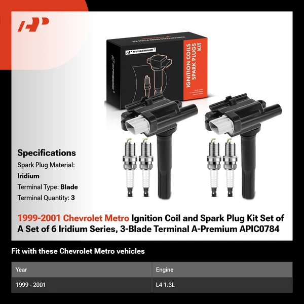 1999-2001 Chevrolet Metro Ignition Coil and Spark Plug Kit Set of A Set of 6 Iridium Series, 3-Blade Terminal A-Premium APIC0784