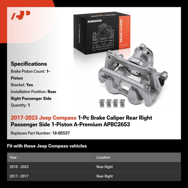 2017-2023 Jeep Compass 1-Pc Brake Caliper Rear Right Passenger Side 1-Piston A-Premium APBC2653