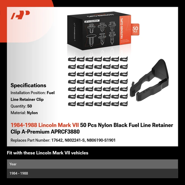 1984-1988 Lincoln Mark VII 50 Pcs Nylon Black Fuel Line Retainer Clip A-Premium APRCF3880