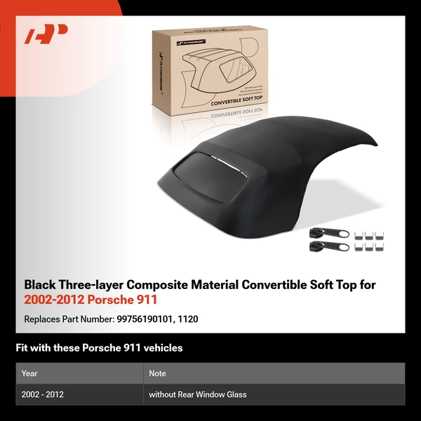 Black Three-layer Composite Material Convertible Soft Top for 2002-2012 Porsche 911