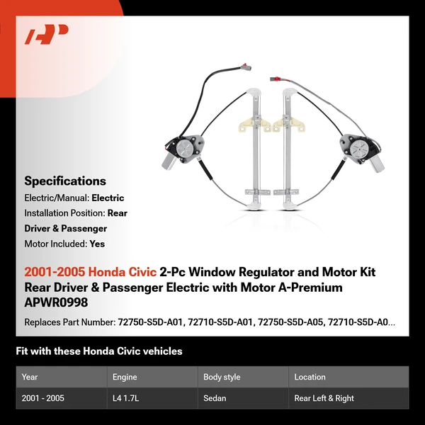 2001-2005 Honda Civic 2-Pc Window Regulator and Motor Kit Rear Driver & Passenger Electric with Motor A-Premium APWR0998