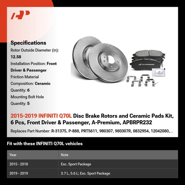 2015-2019 INFINITI Q70L Disc Brake Rotors and Ceramic Pads Kit, 6 Pcs, Front Driver & Passenger, A-Premium, APBRPR232