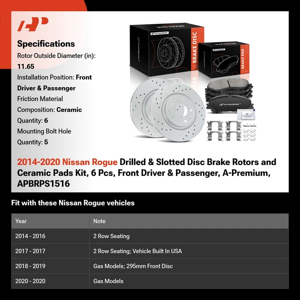 2014-2020 Nissan Rogue Drilled & Slotted Disc Brake Rotors and Ceramic Pads Kit, 6 Pcs, Front Driver & Passenger, A-Premium, APBRPS1516