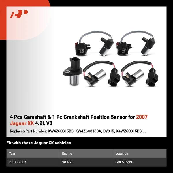 4 Pcs Camshaft & 1 Pc Crankshaft Position Sensor for 2007 Jaguar XK 4.2L V8