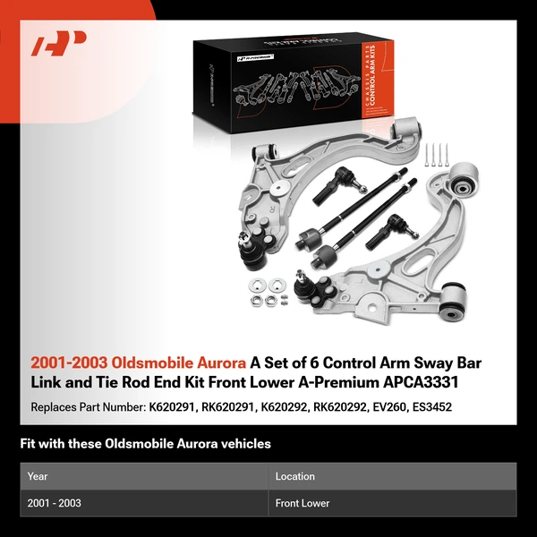 2001-2003 Oldsmobile Aurora A Set of 6 Control Arm Sway Bar Link and Tie Rod End Kit Front Lower A-Premium APCA3331
