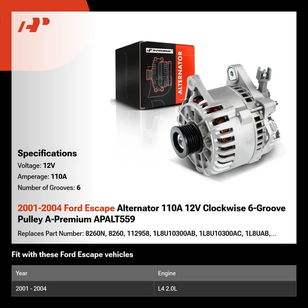 2001-2004 Ford Escape Alternator 110A 12V Clockwise 6-Groove Pulley A-Premium APALT559