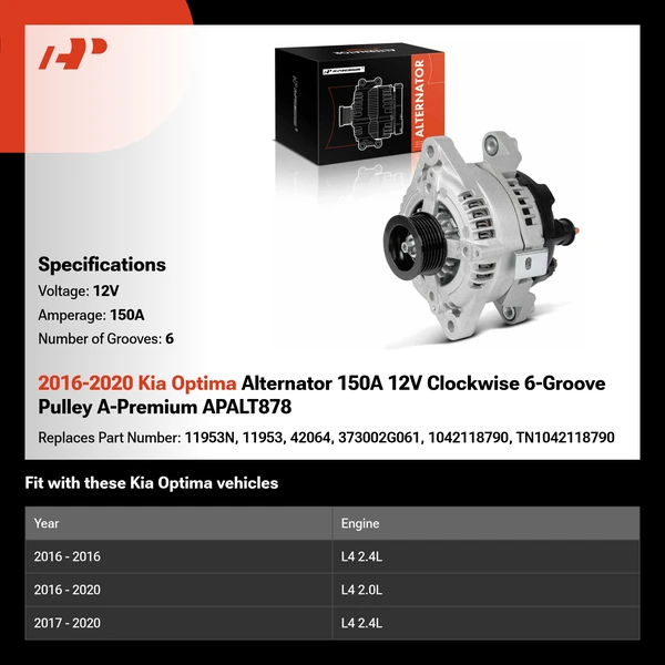 2016-2020 Kia Optima Alternator 150A 12V Clockwise 6-Groove Pulley A-Premium APALT878