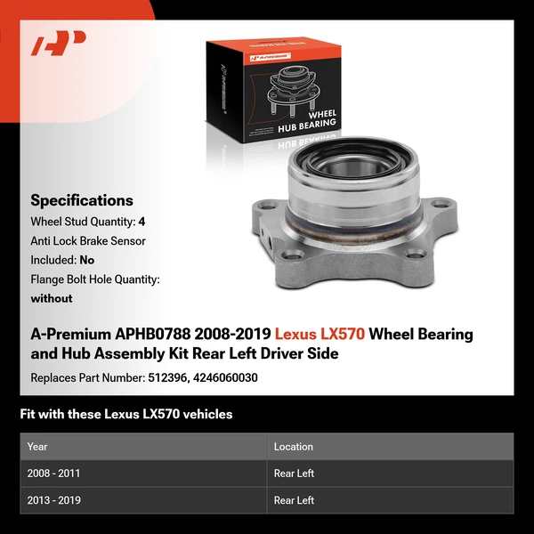 A-Premium APHB0788 2008-2019 Lexus LX570 Wheel Bearing and Hub Assembly Kit Rear Left Driver Side
