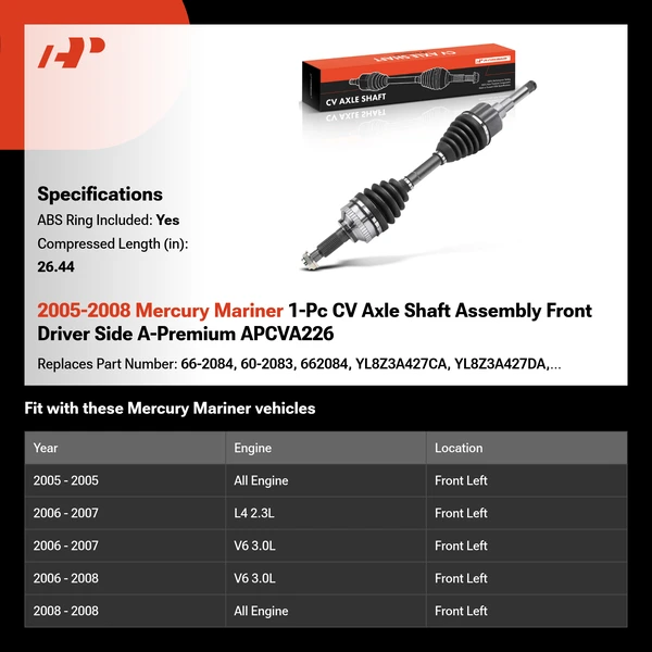 2005-2008 Mercury Mariner 1-Pc CV Axle Shaft Assembly Front Driver Side A-Premium APCVA226