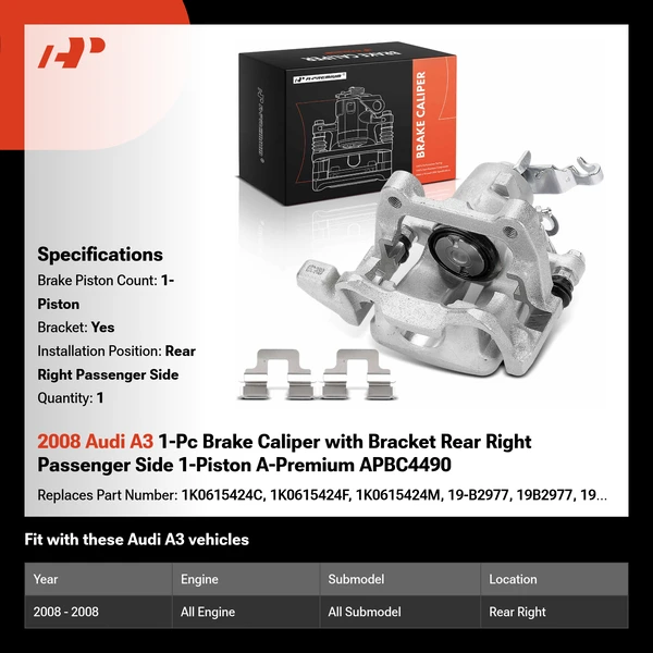 2008 Audi A3 1-Pc Brake Caliper with Bracket Rear Right Passenger Side 1-Piston A-Premium APBC4490