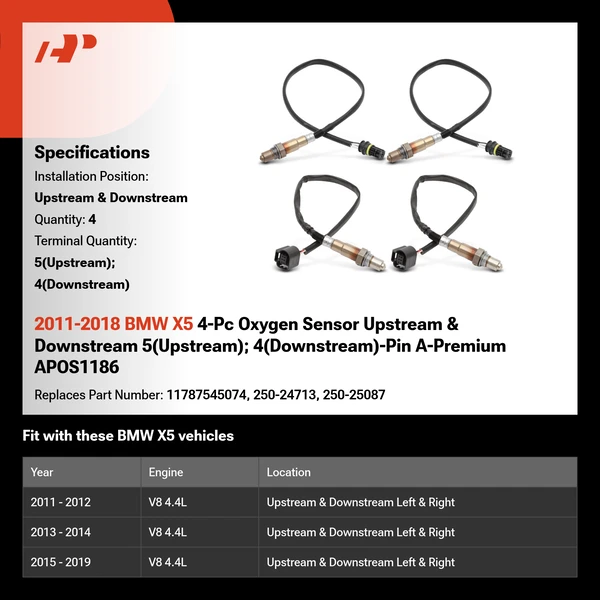 2011-2018 BMW X5 4-Pc Oxygen Sensor Upstream & Downstream 5(Upstream); 4(Downstream)-Pin A-Premium APOS1186