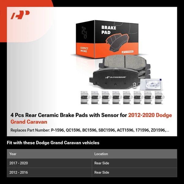 4 Pcs Rear Ceramic Brake Pads with Sensor for 2012-2020 Dodge Grand Caravan