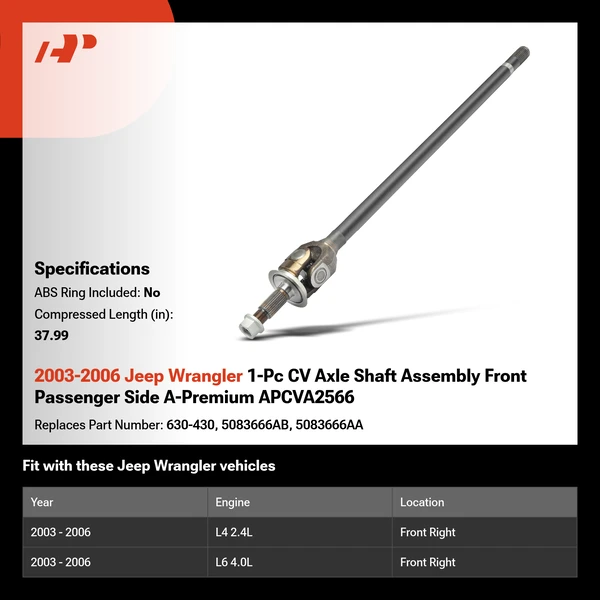 2003-2006 Jeep Wrangler 1-Pc CV Axle Shaft Assembly Front Passenger Side A-Premium APCVA2566