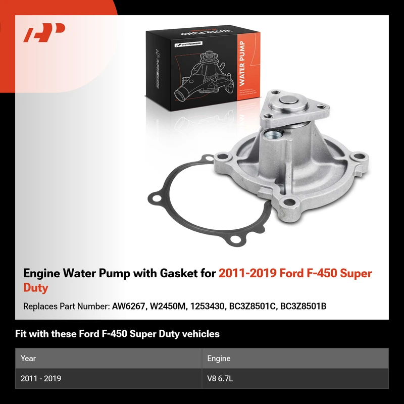 Engine Water Pump with Gasket for 2011-2019 Ford F-450 Super Duty