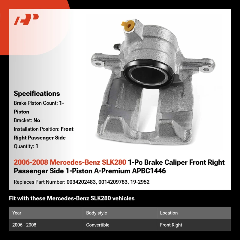 2006-2008 Mercedes-Benz SLK280 1-Pc Brake Caliper Front Right Passenger Side 1-Piston A-Premium APBC1446