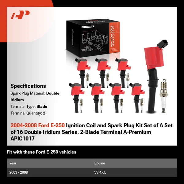 2004-2008 Ford E-250 Ignition Coil and Spark Plug Kit Set of A Set of 16 Double Iridium Series, 2-Blade Terminal A-Premium APIC1017