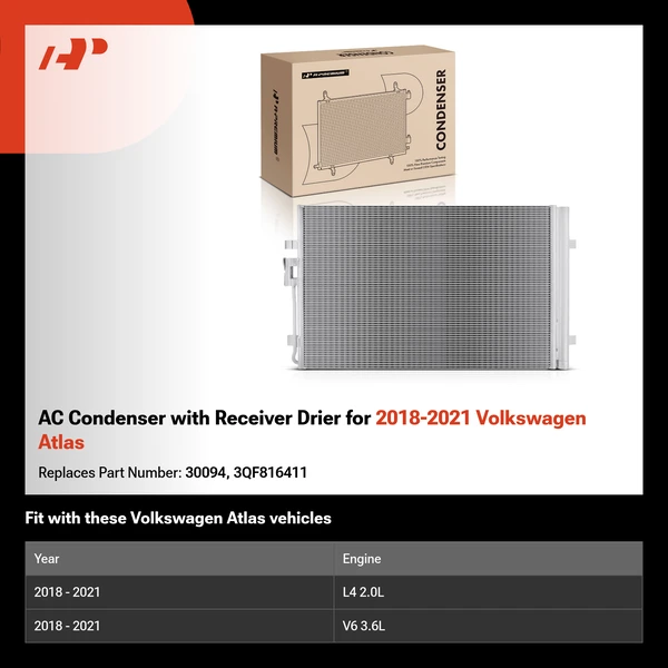 AC Condenser with Receiver Drier for 2018-2021 Volkswagen Atlas