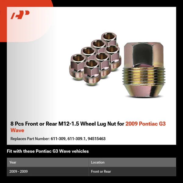 8 Pcs Front or Rear M12-1.5 Wheel Lug Nut for 2009 Pontiac G3 Wave