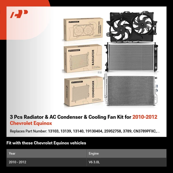 3 Pcs Radiator & AC Condenser & Cooling Fan Kit for 2010-2012 Chevrolet Equinox