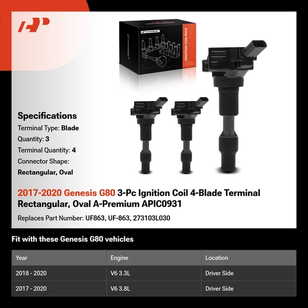 2017-2020 Genesis G80 3-Pc Ignition Coil 4-Blade Terminal Rectangular, Oval A-Premium APIC0931