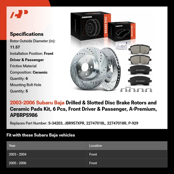 2003-2006 Subaru Baja Drilled & Slotted Disc Brake Rotors and Ceramic Pads Kit, 6 Pcs, Front Driver & Passenger, A-Premium, APBRPS986